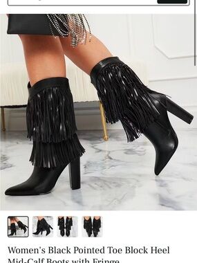 FSJ Black Pointed-Toe Mid-Calf Fringe Block Heel Boots